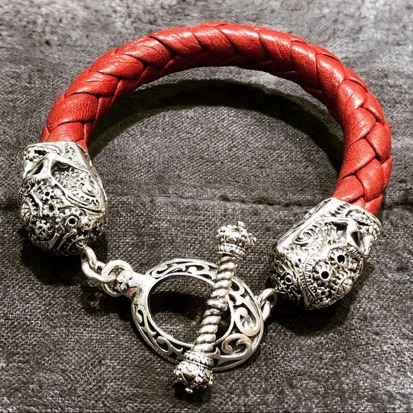 925 sterling silver skull bracelet with leather - Picture 3 of 3